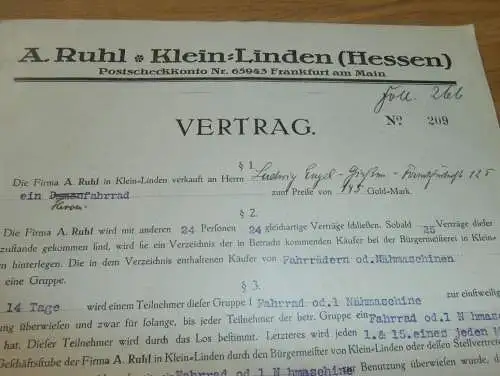 Vertrag für Fahrrad , 1925 , Ludwig Engel in Gießen , Fa. Ruhl in Kleinlinden b. Gießen , altes Dokument !!