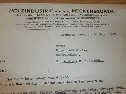 Holzindustrie Meckenbeuren , 1938 , Säge- und Hobelwerk , Holzbau , Holz , altes Dokument !!!