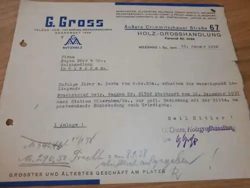 G. Gross in Meerane i. Sa. , 1938 , Holzhandel , Holzbau , Sägewerk , altes Dokument !!!