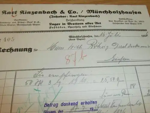 Karl Kinzenbach & Co in Münchholzhausen b. Wetzlar , 1936 , Holzhandel , Holz , altes Dokument !!!