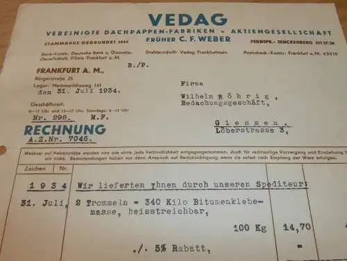 VEDAG - Dachpappen-Fabrik AG , 1934 , Frankfurt a. Main , C.F. Weber , Senckenberg , altes Dokument !!