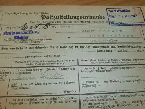 Post-Zustellungsurkunde , Hermann Schütz in Niederkleen / Langgöns b. Wetzlar , 1943 , altes Dokument !!