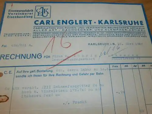 Eisenwarenfabrik / Verzinkerei - Carl Englert in Karlsruhe , 1936 , alte Rechnung !!!