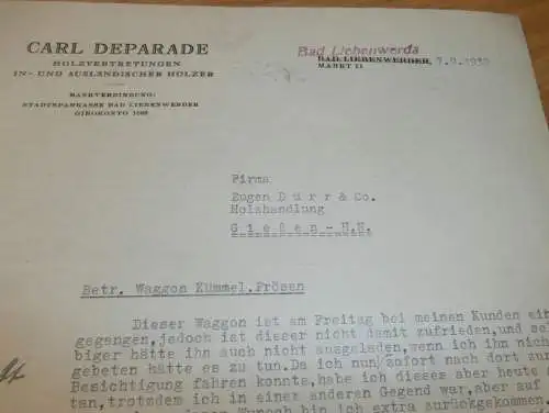 Carl Deparade in Bad Liebenwerda , 1938 , Holzhandel , Kümmel , Prösen , Waggon , Holz , Holzbau , altes Dokument !!!