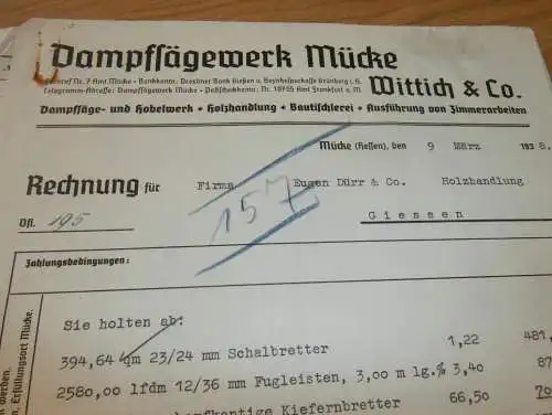 Dampfsägewerk Mücke , Wittich & Co. in Mücke i. Hessen , 1938 , alte Rechnung , altes Dokument !!