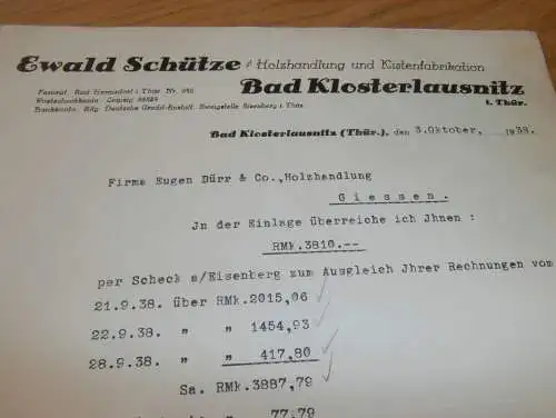 Holzhandel - Ewald Schütze in Bad Klosterlausitz , 1938 , altes Dokument !!
