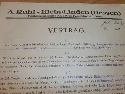 Vertrag für Fahrrad , 1925 , Richard Röhrig in Langenhain b. Hofheim a. Taunus , Fa. Ruhl in Kleinlinden b. Gießen !!