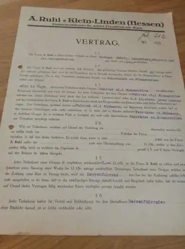 Vertrag für Fahrrad , 1925 , Richard Röhrig in Langenhain b. Hofheim a. Taunus , Fa. Ruhl in Kleinlinden b. Gießen !!