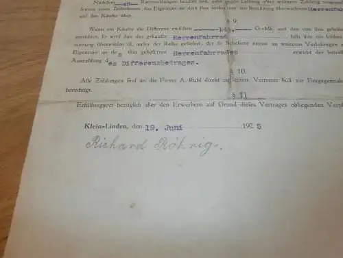 Vertrag für Fahrrad , 1925 , Richard Röhrig in Langenhain b. Hofheim a. Taunus , Fa. Ruhl in Kleinlinden b. Gießen !!