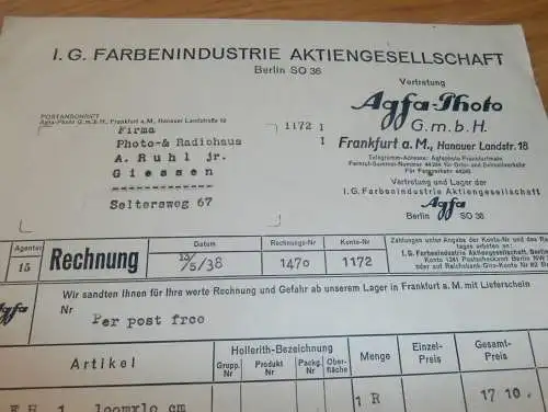 IG Farben - Industrie AGFA in Berlin / Frankfurt , 1938 , alte Rechnung , Photo , altes Dokument !!!