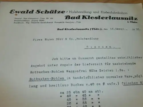 Holzhandel - Ewald Schütze in Bad Klosterlausitz , 1938 , altes Dokument !!