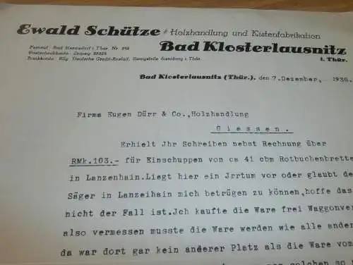 Holzhandel - Ewald Schütze in Bad Klosterlausitz , 1938 , altes Dokument !!