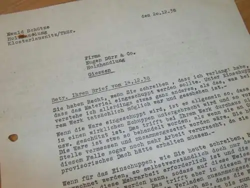 Holzhandel - Ewald Schütze in Bad Klosterlausitz , 1938 , altes Dokument !!