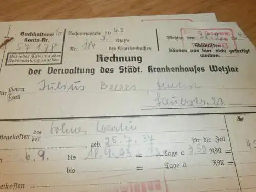 Krankenhaus Wetzlar , 1943 , Martin Beeres in Wetzlar , DRK , altes Dokument !!!