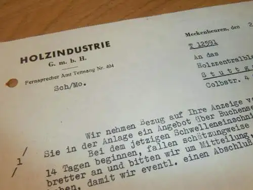 Holzindustrie GmbH in Meckenbeuren , 1938 , Werbung , Reklame , altes Dokument !!!