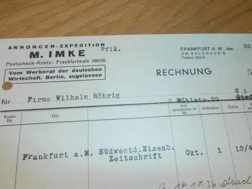 Annoncen-Experte - M- Imke in Frankfurt a. Main , 1936 , Werbung , Reklame , altes Dokument !!!