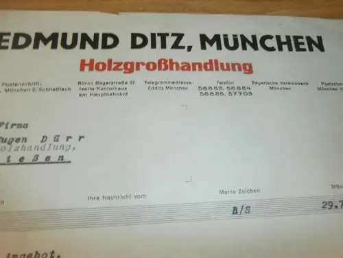 Holzhandel - Edmund Ditz in München , 1938 , altes Dokument !!!