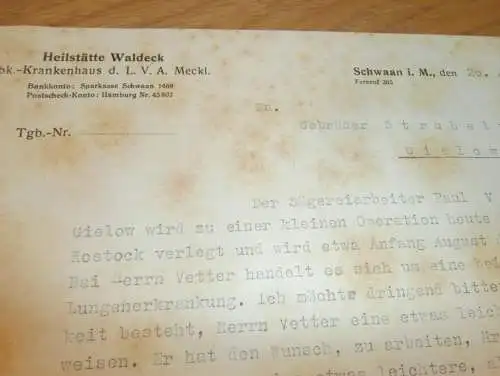 Heilstätte Waldeck - Tuberkulose - Krankenhaus , Schwaan i. Mecklenburg , 1937 , TBC , Paul Vetter , altes Dokument !!!