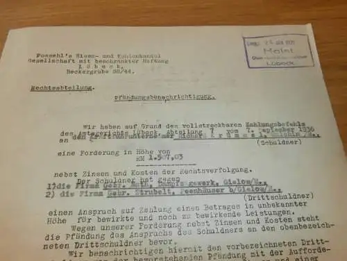 Eisen- und Kohlenhandel Possehl in Lübeck , 1939 , Pfändung , Beckergrube , altes Dokument !!!