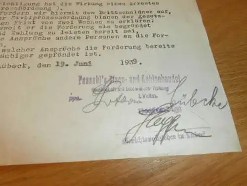 Eisen- und Kohlenhandel Possehl in Lübeck , 1939 , Pfändung , Beckergrube , altes Dokument !!!