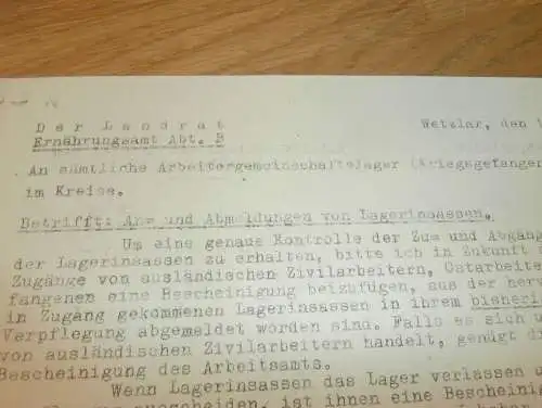 Meldungen für Kriegsgefangenenlager , 1943 , Ostarbeiter , Bäckerei Hofmann in Wetzlar / Krofdorf , Landrat Wetzlar !!