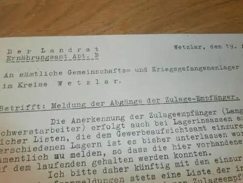 Zulage für Kriegsgefangenenlager , Bäckerei Sellmann in Wetzlar , 1943 , Betrug , Landrat Wetzlar , Dokument !!