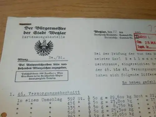 Bürgermeister Wetzlar 1943 - Betrug v. Bäckermeister Karl Sellmann , Differenzen , Bäcker in Wetzlar , Dokument !!