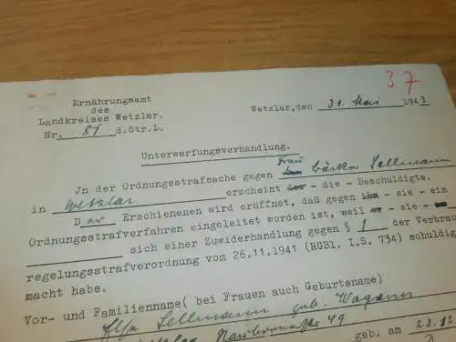 Verhandlung - Strafsache , 1943 , Bäcker Sellmann geb. Wagener in Erndtebrück , Ernährungsamt Wetzlar , Dokument !!