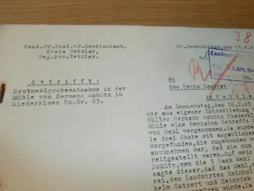 alte Akte - Untersuchung in Mühle von Hermann Schütz in Niederkleen b. Langgöns , 1943 , Rechtenbach , Polizei , Wetzlar