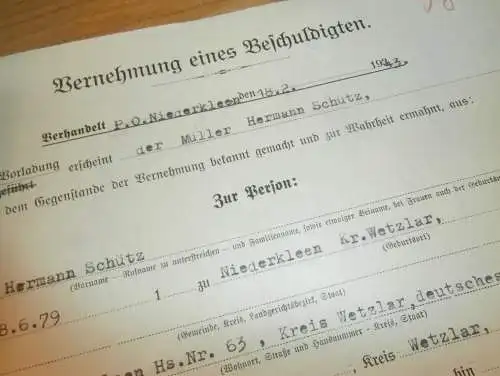 alte Akte - Untersuchung in Mühle von Hermann Schütz in Niederkleen b. Langgöns , 1943 , Rechtenbach , Polizei , Wetzlar