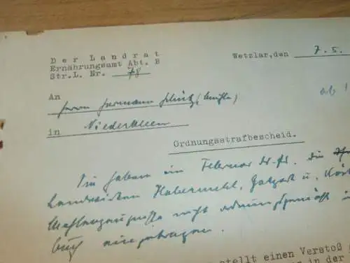 Verhandlung - Strafsache , 1943 , Habermehl , Ernährungsamt Wetzlar , Dokument !!