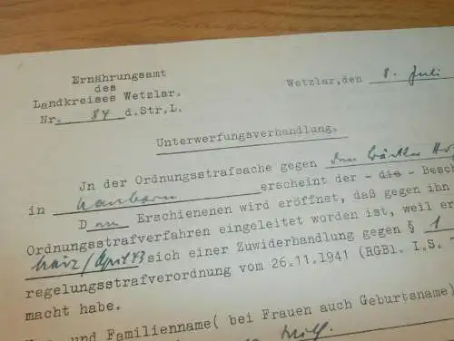 Verhandlung - Strafsache , 1943 , W. Hofmann in Nauborn b. Wetzlar , NSDAP , Ernährungsamt Wetzlar , Dokument !!