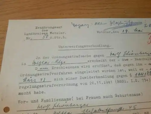 Verhandlung - Strafsache , 1943 , Adolf Schönberger in Wetzlar , Ernährungsamt Wetzlar , Dokument !!