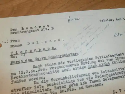 Verstöße mit Lebensmittelkarten in Tiefenbach b. Braunfels , 1942 , Minna Düllmann , Polizei , Ernährungsamt  Wetzlar !!