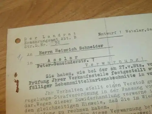 Verstöße mit Lebensmittelkarten in Asslar / Aßlar , 1942 , Heinrich Schneider , Polizei Ernährungsamt  Wetzlar !!