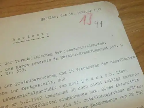 Verstöße mit Lebensmittelkarten in Wetzlar , 1942 , Lebensmittel Karl Hedrich , Schutzpolizei , Polizei Ernährungsamt !!