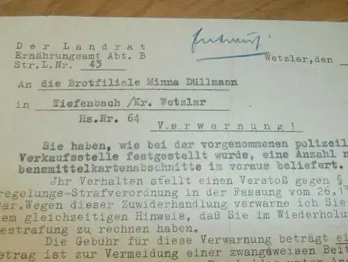 Verstöße mit Lebensmittelkarten in Tiefenbach b. Braunfels , 1942 , Bäckerei Düllman , Polizei Ernährungsamt  Wetzlar !!