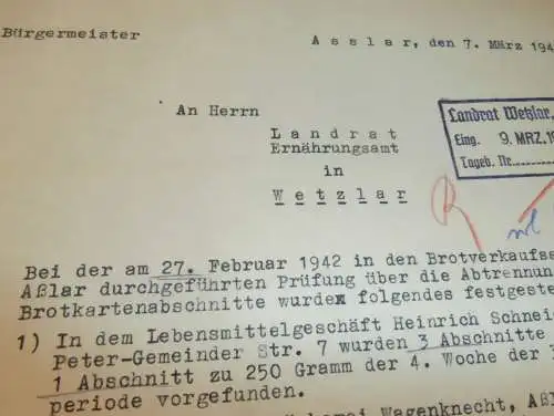 Verstöße mit Lebensmittelkarten in Asslar / Aßlar , 1942 , Bäckerei , Brot , Ernährungsamt  Wetzlar , altes Dokument !!!