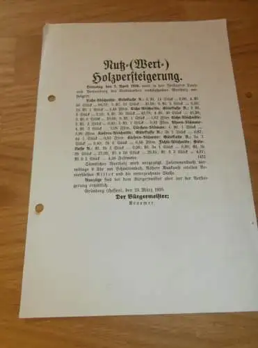 Holzversteigerung in Grünberg i. Hessen , 1938 , Reklame , Werbung , altes Dokument !!!