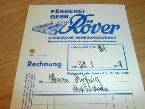 Färberei und Reinigung Röver in Frankfurt a.M. , 1939 , Reklame , altes Dokument !!!