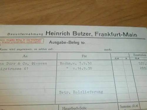 Bauunternehmen - Heinrich Butzer in Frankfurt a.M. , 1938 , altes Dokument !!!