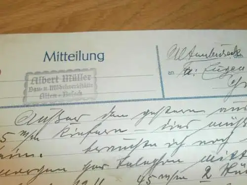 Bau- und Möbelwerkstatt - Albert Müller in Alten-Buseck / Buseck , 1938  , Möbel , Schreinerei , altes Dokument !!!