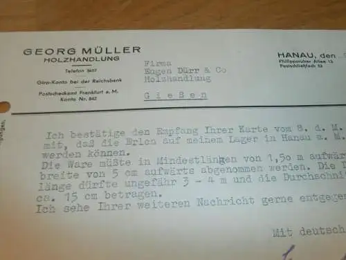 Georg Müller in Hanau a.M. , 1938 , Säge- und Hobelwerk in Übersee in Oberbayern , altes Dokument !!!