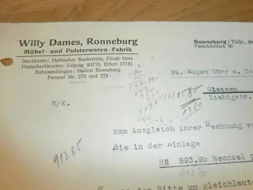 Möbelfabrik - Willy Dames in Ronneburg i. Thüringen , 1938 , alte Rechnung , altes Dokument !