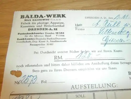 BALDA-Werke - Max Baldeweg in Dresden , 1938 , alte Rechnung !!!