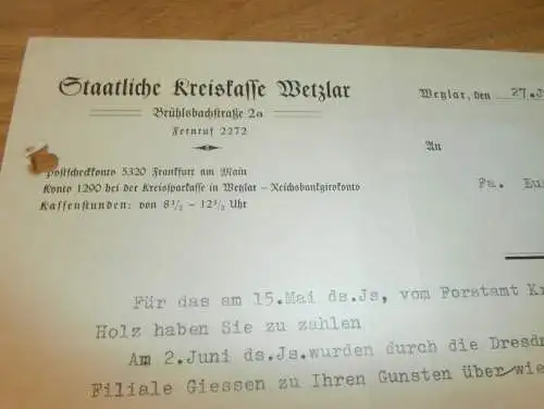 Staatliche Kreissparkasse Wetzlar , 1938 , Forstamt Krofdorf , Gleiberg , altes Dokument !