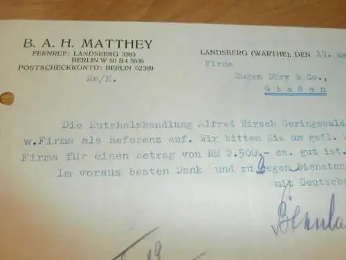 B.A.H Matthey in Landsberg a. Warthe , 1938 , Gorzów Wielkopolski , altes Dokument !