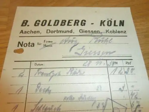 Großhandel - B. Goldberg in Giessen und Köln , 1938 , alte Rechnung !!!