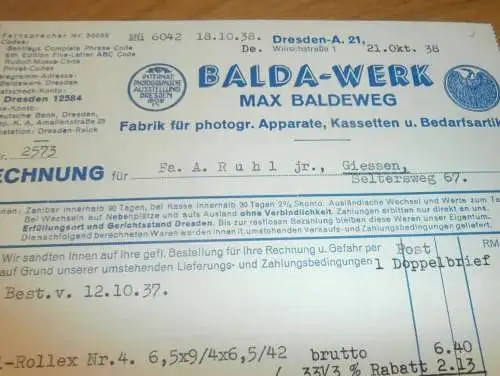 BALDA-Werke - Max Baldeweg in Dresden , 1938 , alte Rechnung !!!