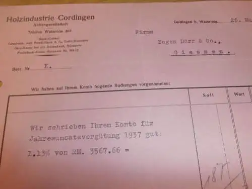 Holzindustrie Cordingen AG , 1938 , Post Walsrode b. Hannover , altes Dokument !!!